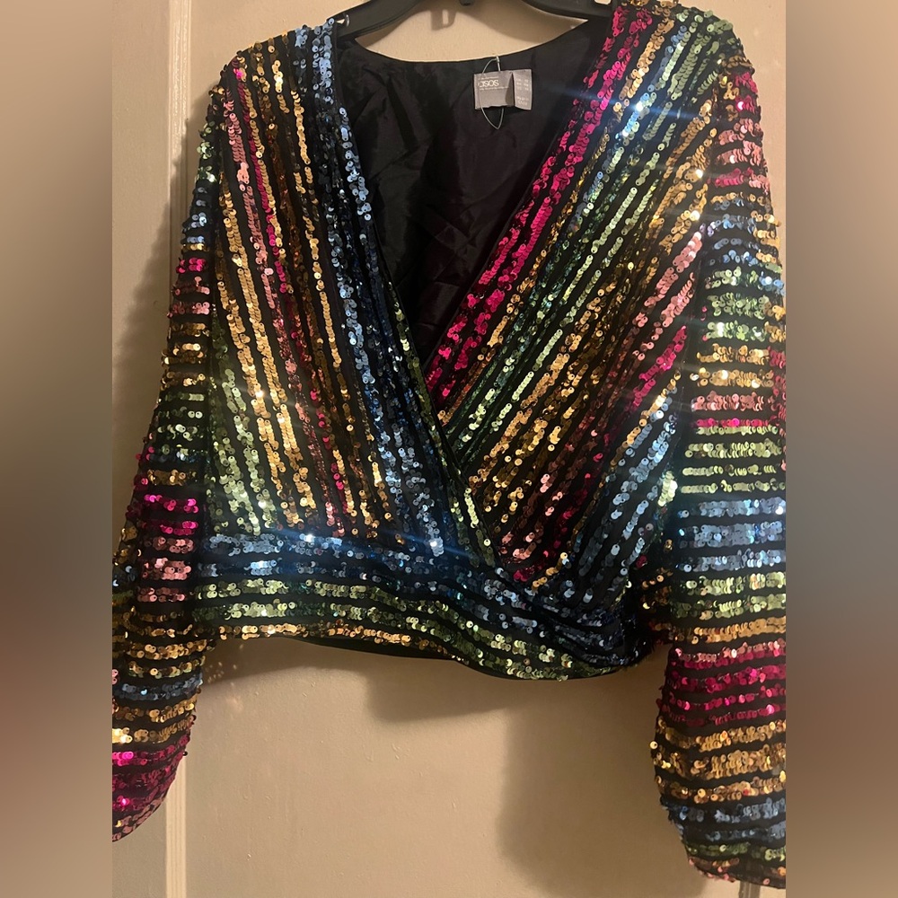 ASOS Multicolor strip cross Sequin top NWOT never worn Sz 14